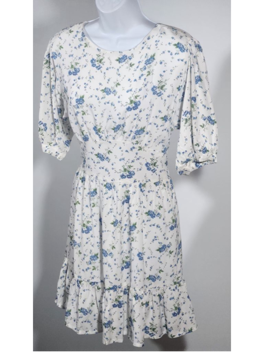 Faithfull The Brand Floral Mini Dress M 6 White Blue Puff Sleeve Lined NWOT⁸ - Picture 4 of 8